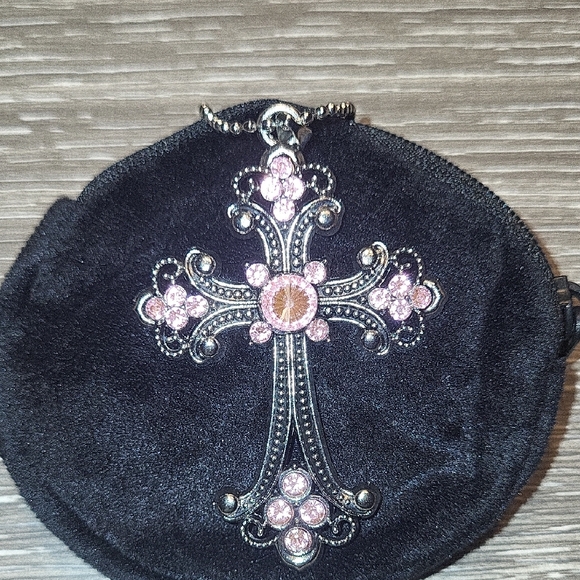 Pink Crystal Cross Pendant Necklace - Women Jewelry - Picture 2 of 5